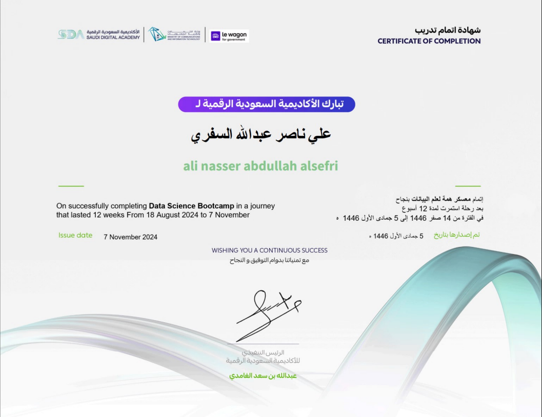 Saudi Digital Academy Data Science Bootcamp certificate